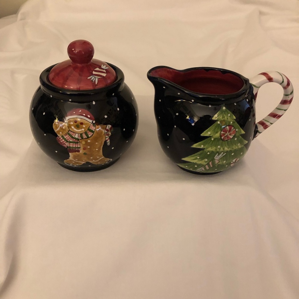 Holiday Ceramic Sugar and Creamer Set with Gingerbread and Tree Design